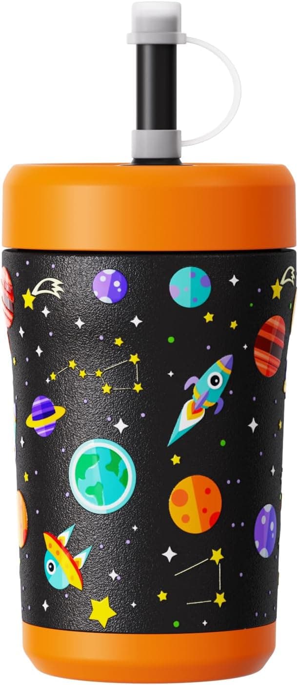 Sursip Toddler Kids Insulated Tumbler with Straw and Lid, 12 oz Vacuum Stainless Steel Sippy Cup Spill Proof with Transparent Visible Lid, BPA Free & Dishwasher Safe - Planet