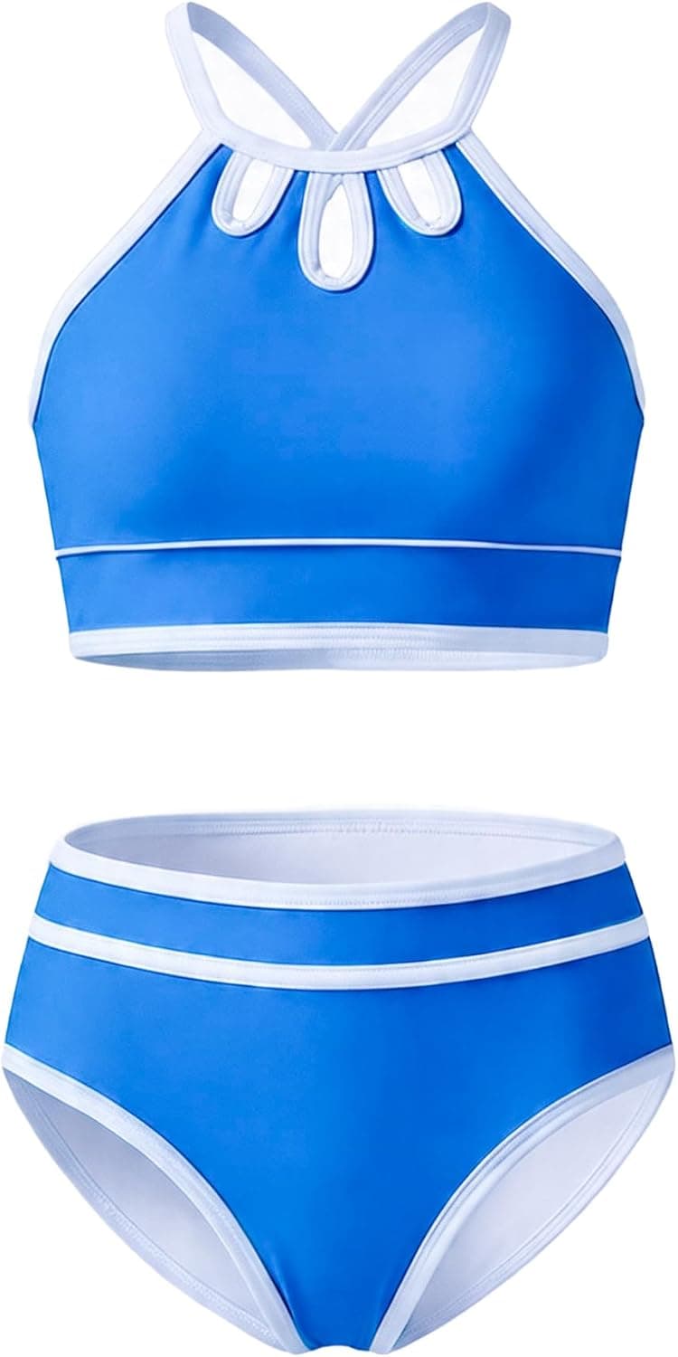 Teen Girls Swimsuit Two Piece Adjustable Shoulder Strap Color Block Bikini Sets with Removable Size 7-16 Years
