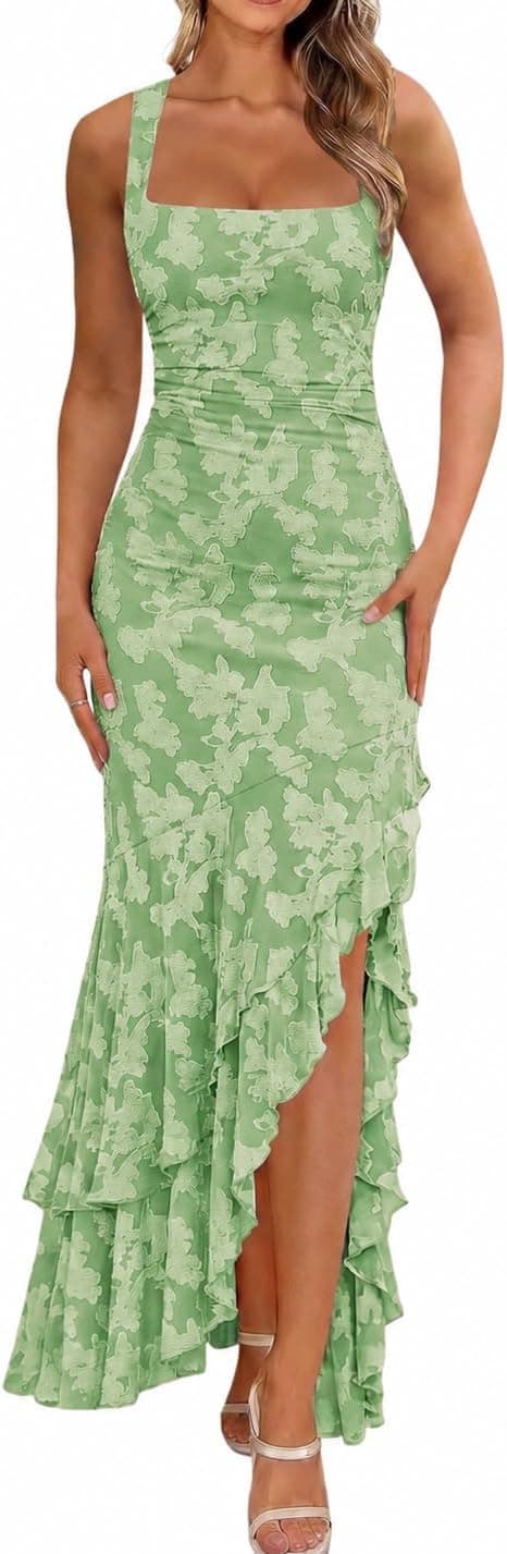 Women's Elegant Ruched Floral Maxi Dress Mesh Mermaid Ruffle Wedding Guest Cocktail Long Formal Dresses