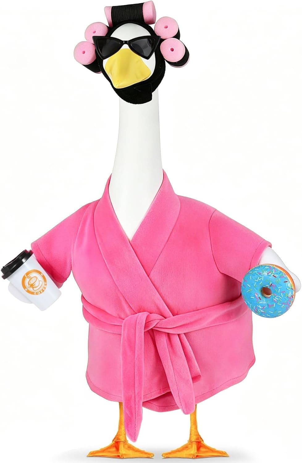 Porch Goose Outfits, Bathrobe Goose Outfit with Curlers Sunglasses Coffee Cup Donut, Hawaiian Beach Vacation Style Goose Clothes for 23'' Goose Statue, Lawn Yard Garden Patio Pool Party Decor