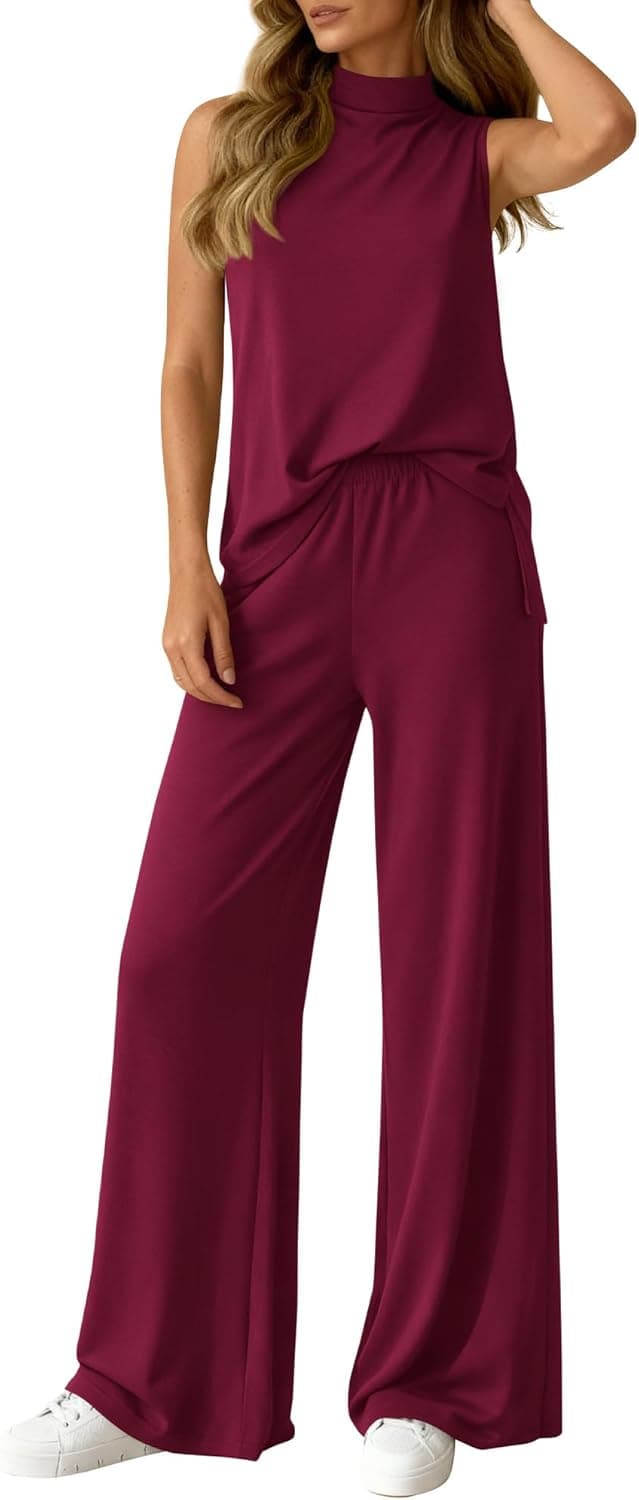BTFBM 2 Piece Outfits For Women Airport Travel Summer 2026 Loose Mock Neck Sleeveless Wide Leg Pants Workout Lounge Sets - image 1
