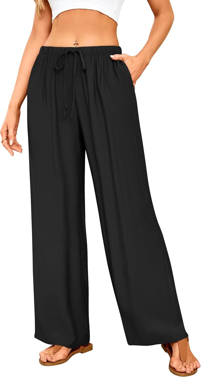 Women Wide Leg Flowy Linen Pants Loose Drawstring Casual Pants Beach Vacation Trouser