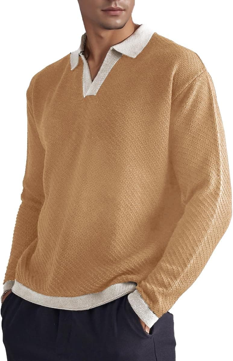 BAYAMO Mens Polo Sweater V Neck Long Sleeve Pullover Sweater Casual Knit Textured Sweater Khaki XXL - image 1