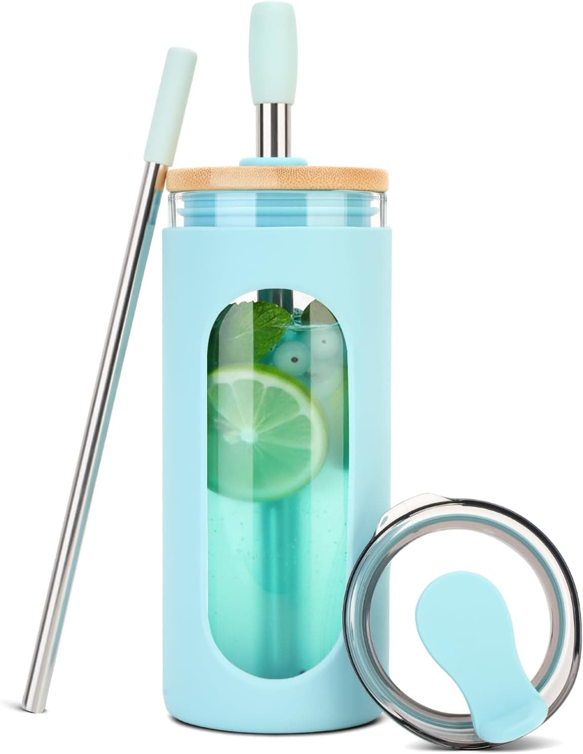 Sursip 20 oz Glass Tumbler with Lids and Straws, Reusable Borosilicate Glass Iced Coffee Cup with Bamboo Lid for Smoothie Boba Juice,Travel BPA-Free - Light Blue - image 1