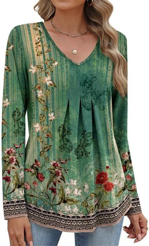 Women Long Sleeve Top V Neck Casual Shirt Loose Fit Fall Blouse Trendy Tunic Clothes 2025 - image 1