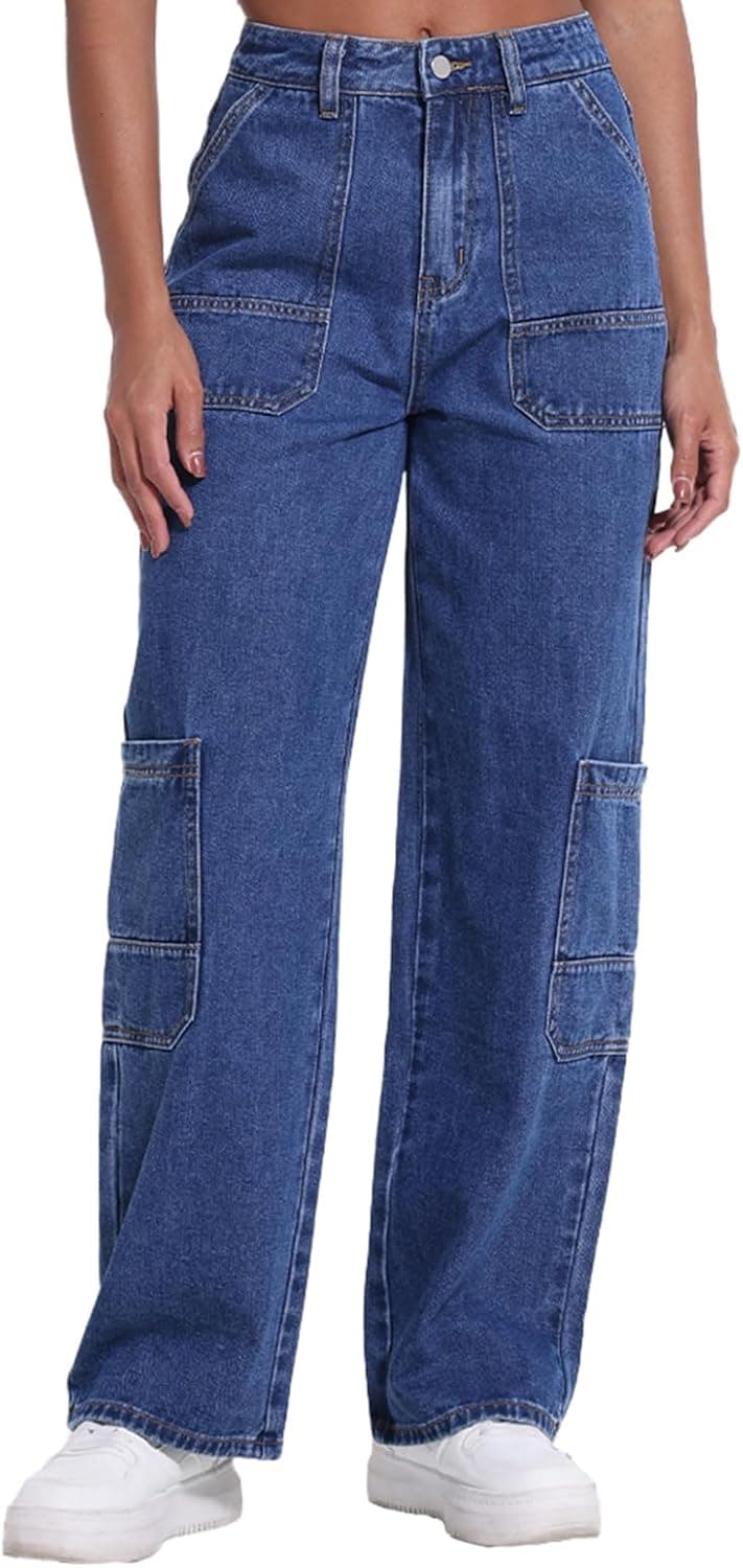 VigorFusion Women's Mid Rise Cargo Jeans Y2k Straight Leg Baggy Jeans Trendy Women's Wide Leg Denim Pants