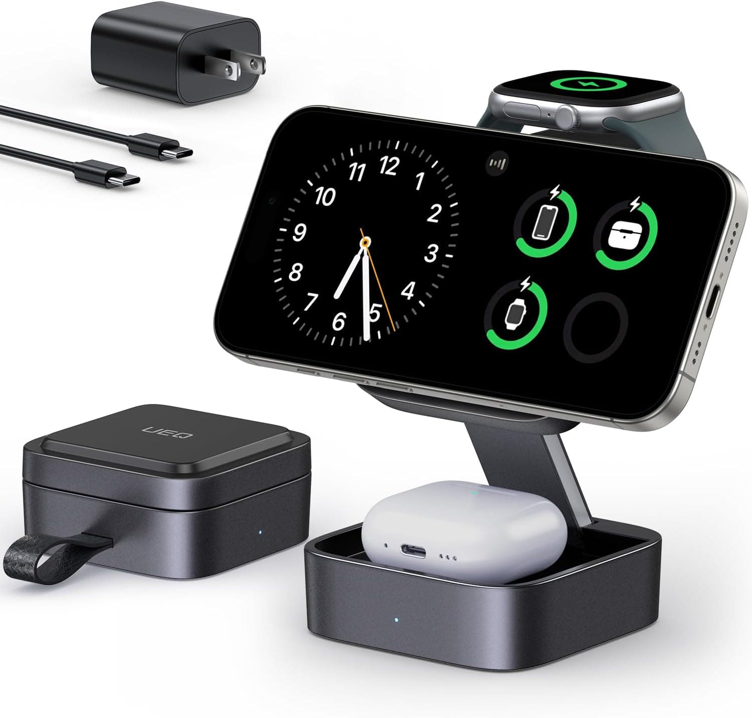 3 in 1 Wireless Charging Station for Apple Devices,Compatible with MagSafe Charger Stand,Foldable Fast Travel Magnetic Wireless Charger for iPhone 17 Air 16 15 14 13 12,Apple Watch&AirPods Pro