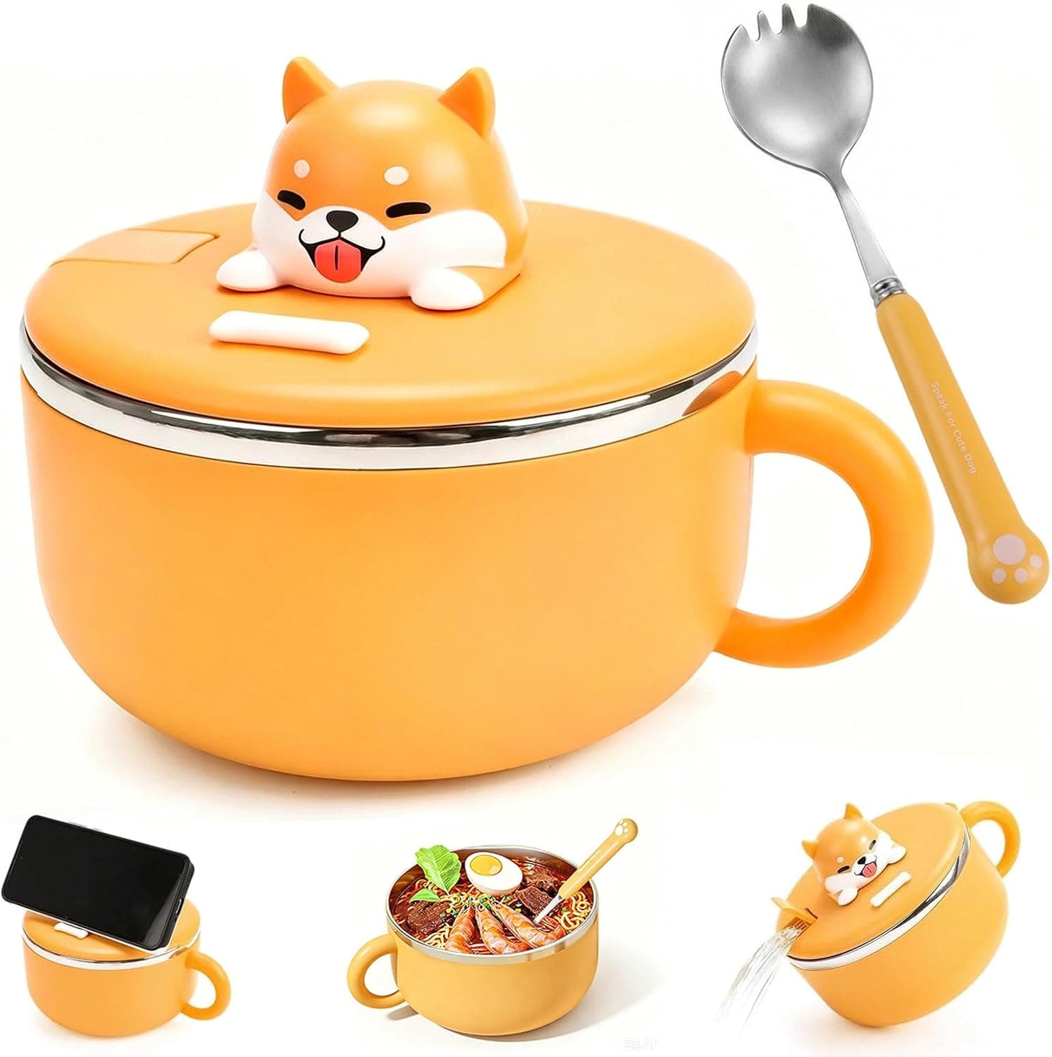 Ramen Bowl with Lid, Ramen Bowl with Heat Insulating Seal Spoon, Portable 304 Stainless Steel Noodle Bowl, Heat Insulating Instant Noodle Bowl