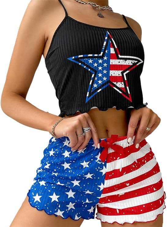 4th of July 2 Piece Outfits for Women American Flag USA Lounge Set Patriotic Ribbed Camisole Shorts Pajama Sets - image 1