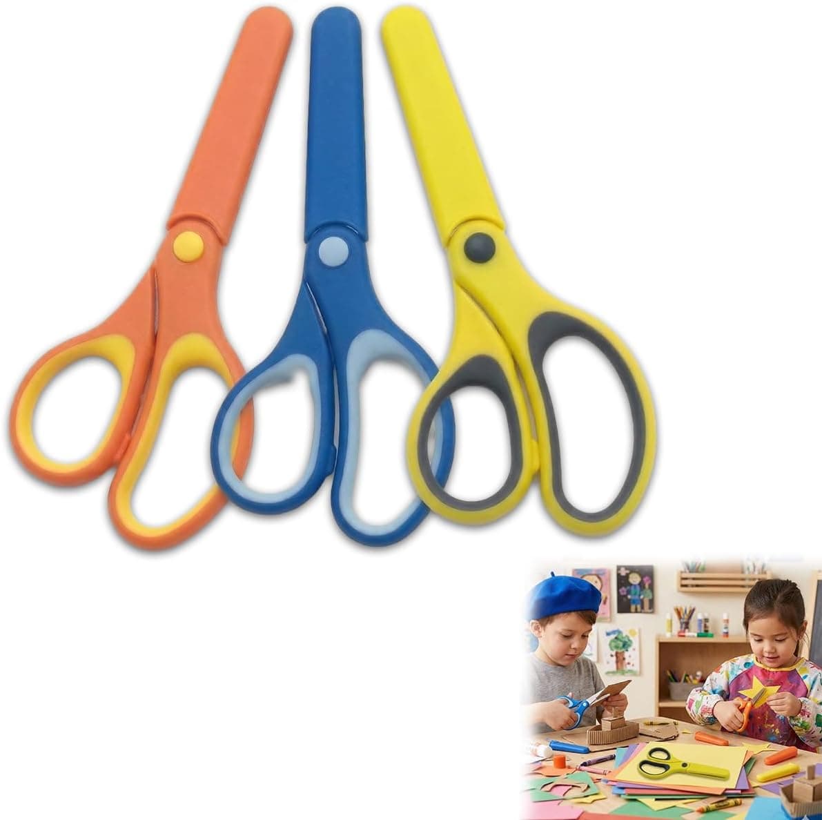 Children's Scissors for Left and Right-Handed Users, Pack of 3 with Stainless Steel Blades and Bullet Tip, Orange, Blue, Yellow, for School, Crafts and Primary School Children