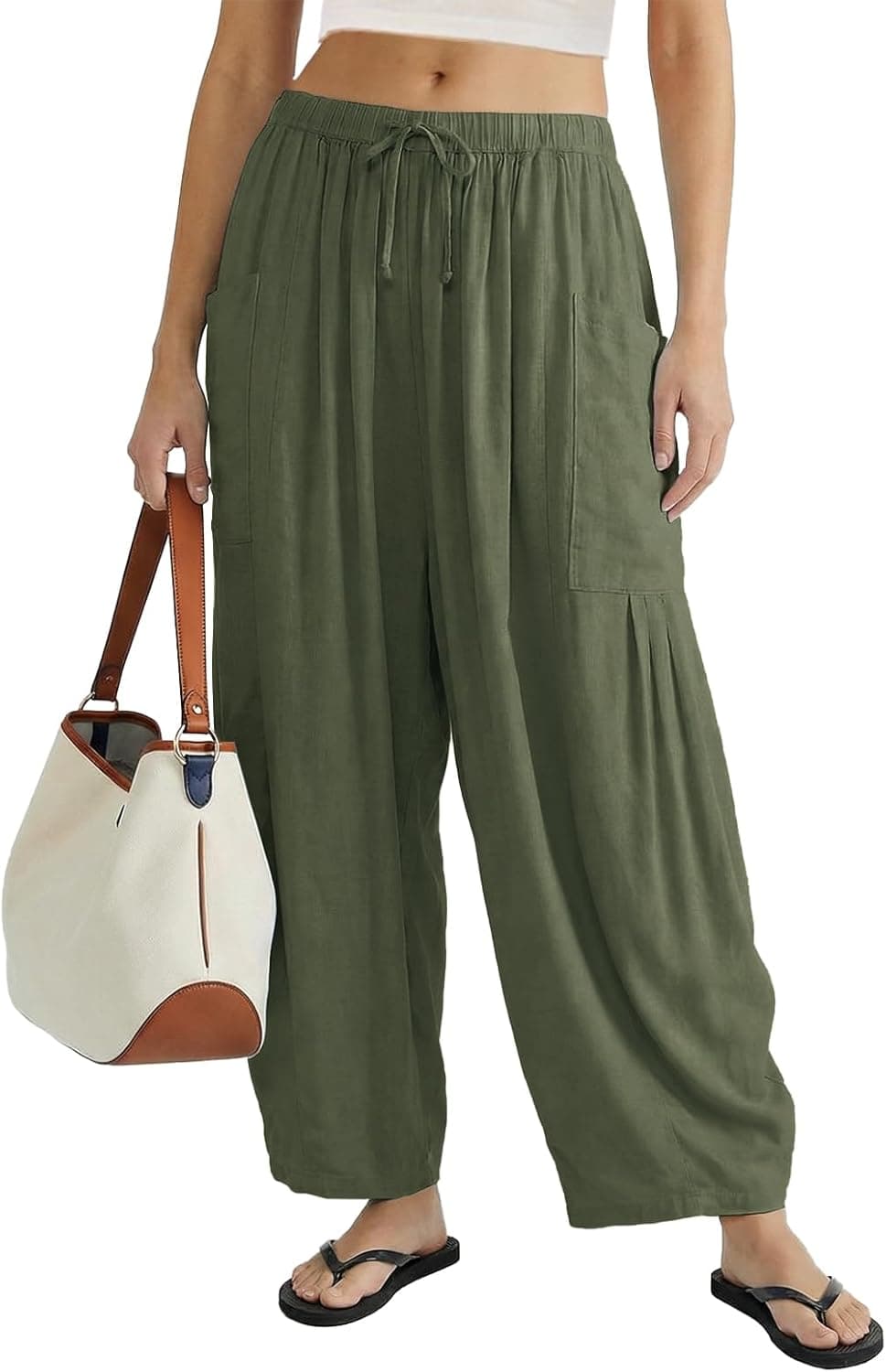 Womens Linen Wide Leg Palazzo Pants Casual Loose Elastic Drawstring Flowy Pant 2025 Travel Baggy Pocket Harem Pants