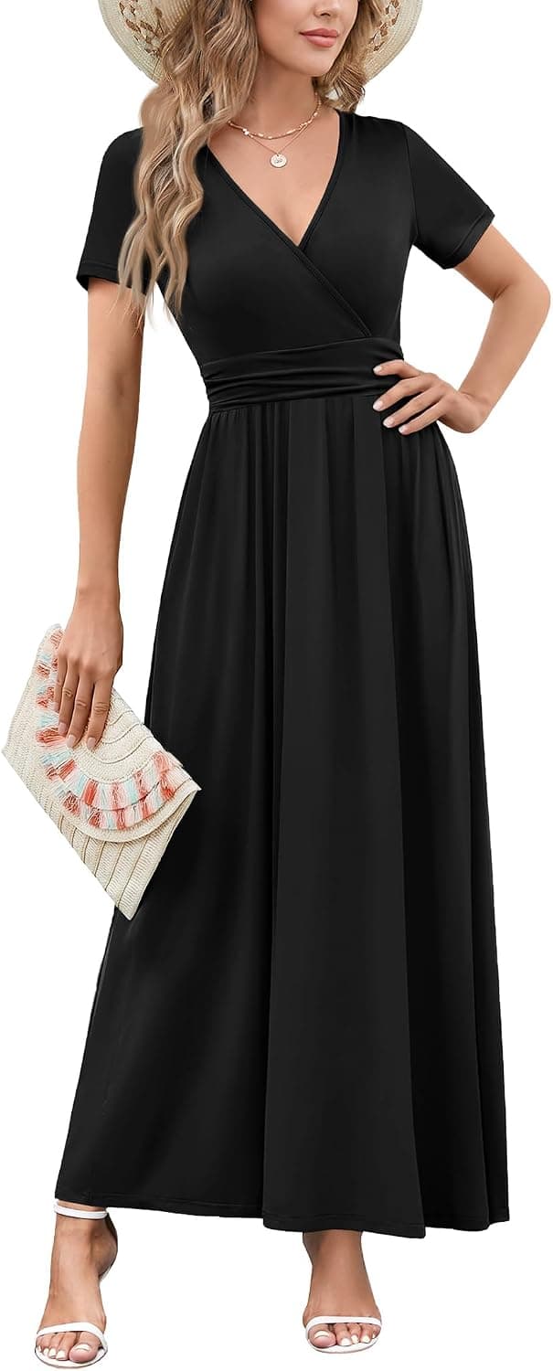 WEACZZY 2026 Summer Long Dresses for Women Wrap Empire Pleated Waist V Neck Short Sleeve Elegant Maxi Dress with Pockets - image 1
