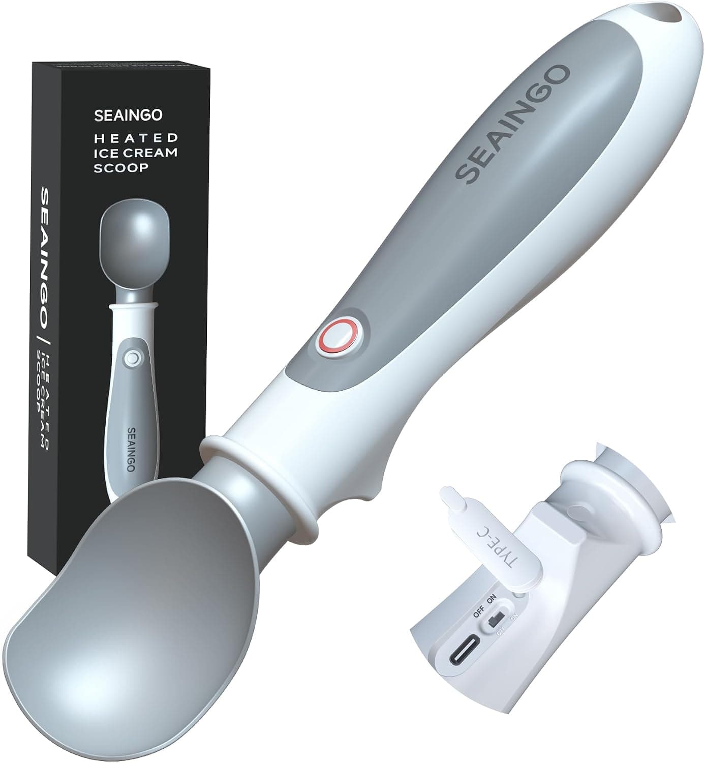 Heated Ice Cream Scoop - Rechargeable, ON/OFF Safety Lock Switch, Two Warming Modes, Ergonomic Handle, Electric Kitchen Tool Nonstick Scooper for Gelato, Frozen Yogurt, Sorbet & More