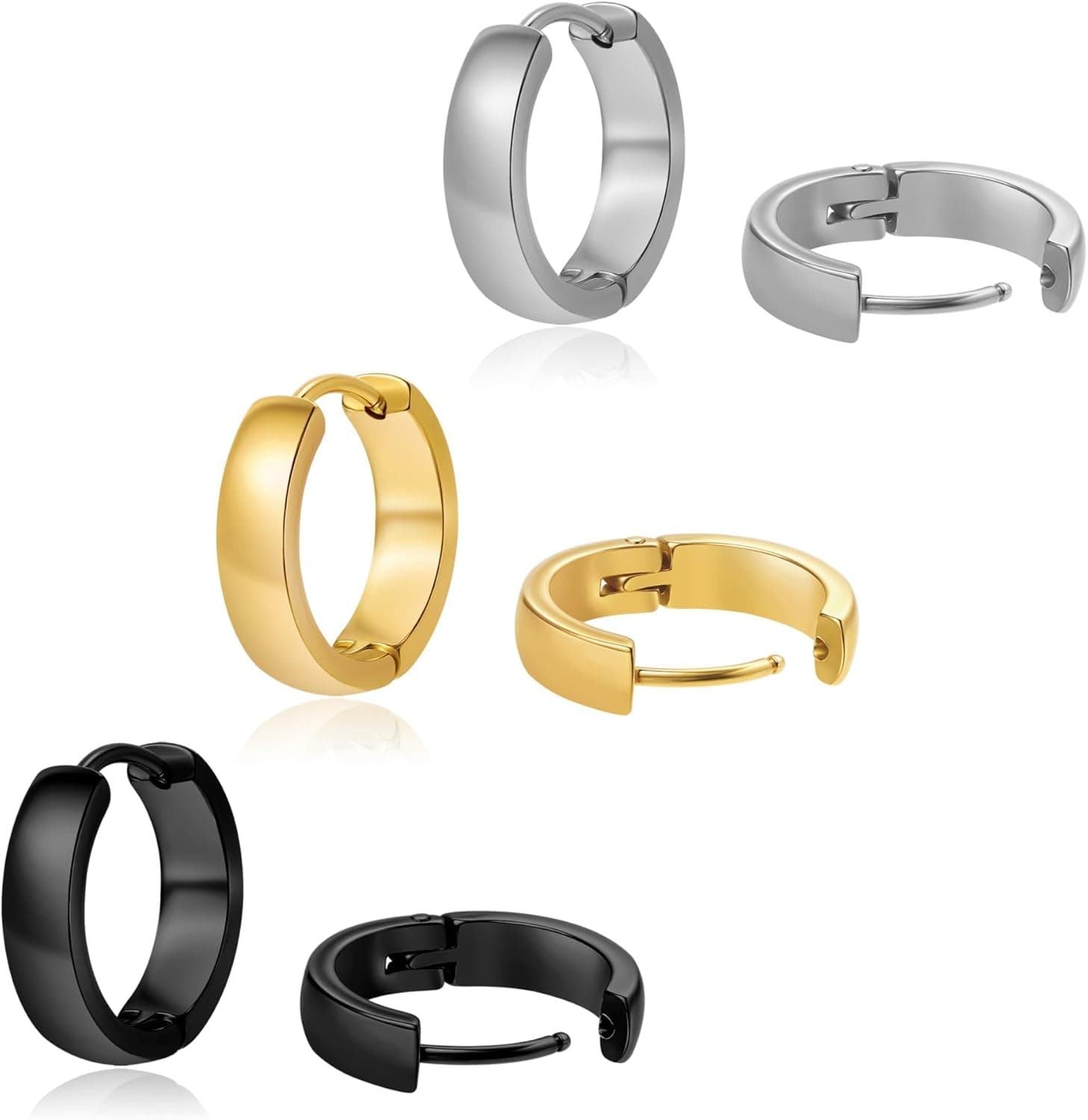 3 Pairs Hypoallergenic Small Hoop Earrings for Men, 316L Surgical Stainless Steel Black/Gold/Silver Earrings Huggie Jewelry Set for Mens Women 12/14/16mm - image 1