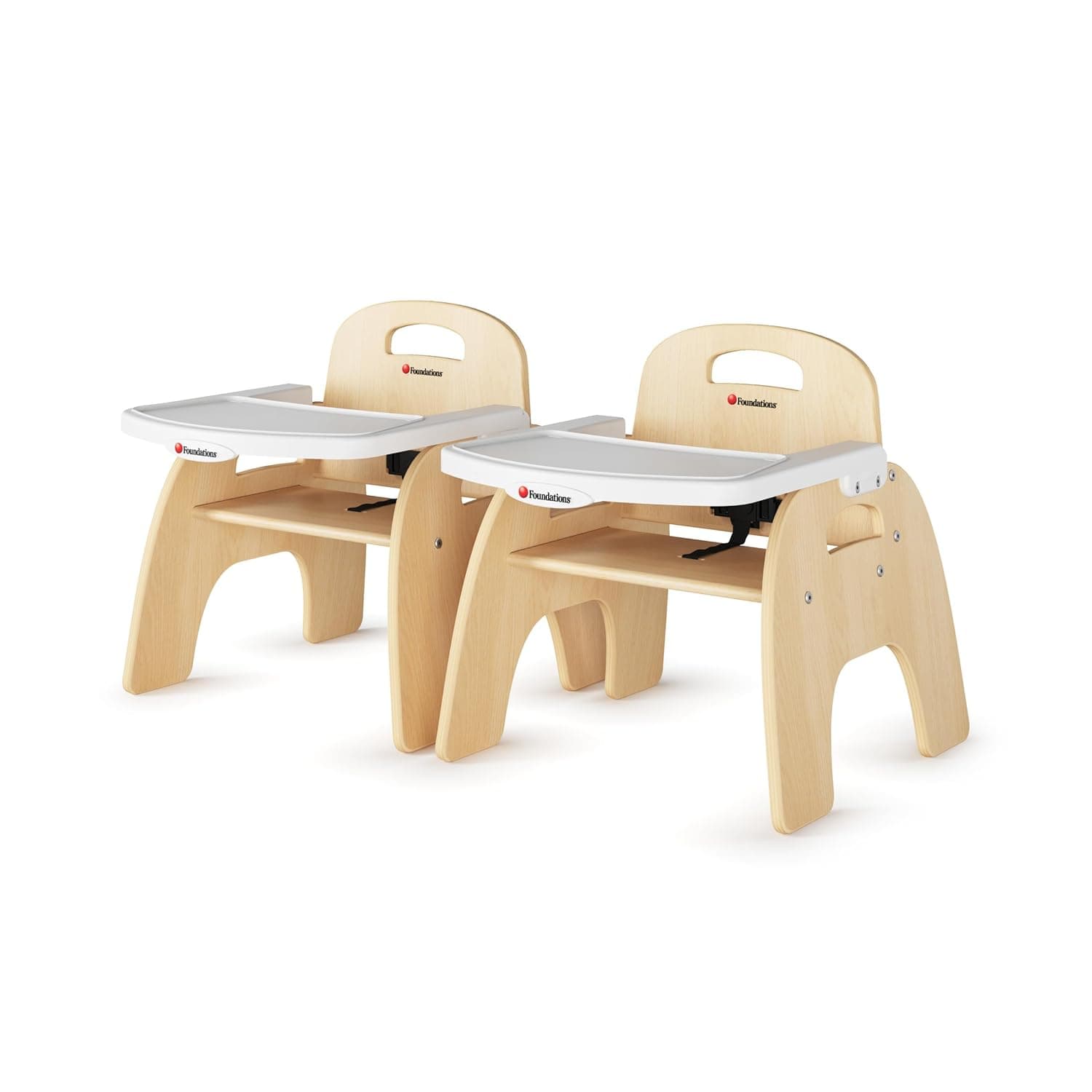 Foundations Easy Serve Low Wood Feeding Chairs Multipack, Adjustable Harness, Removable Tray, Stackable Toddler Chairs (2 Pack)