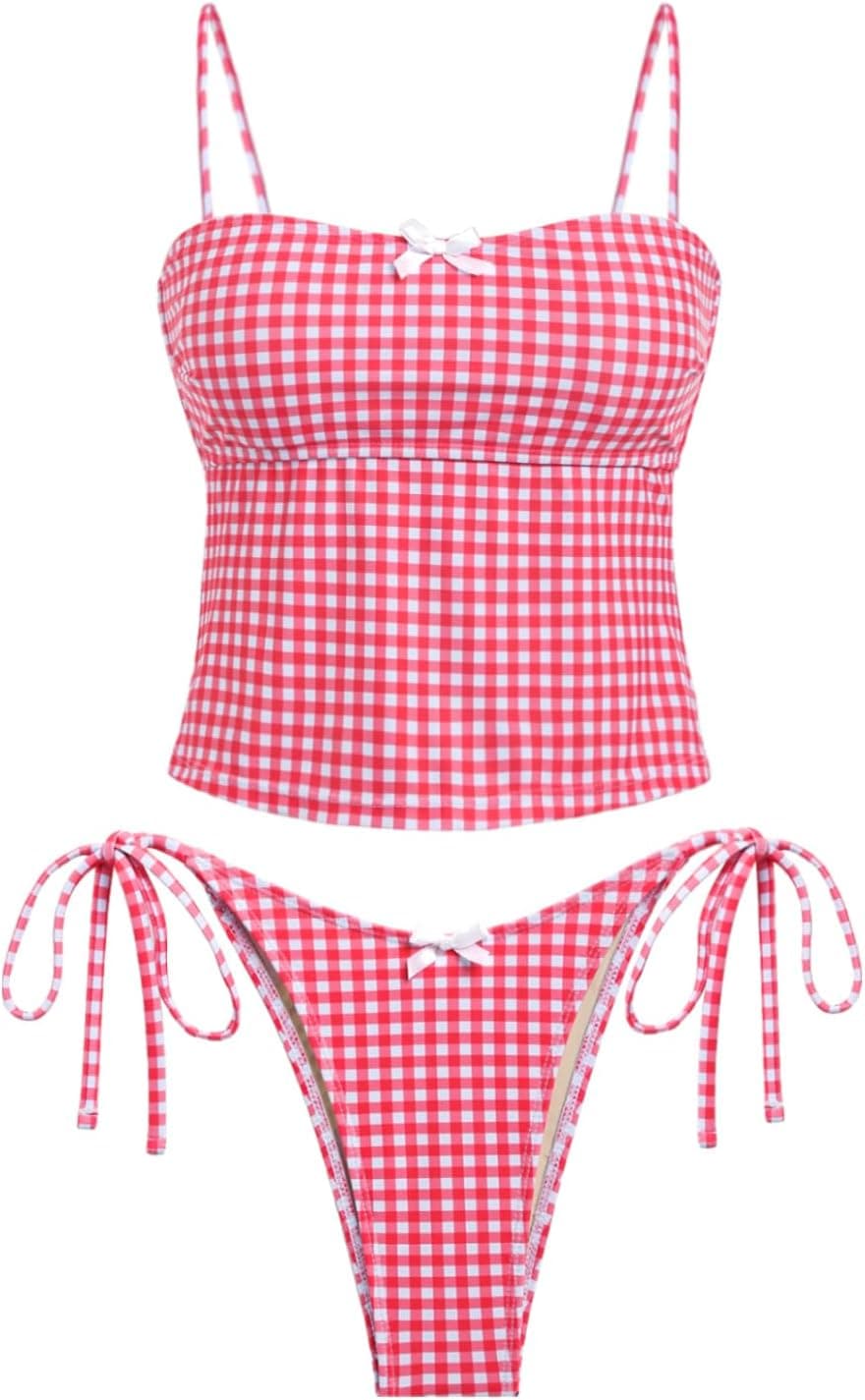 Women's Tankini Sets Sexy Open Back Two Piece Swimsuit High Cut Side Tie Thong Bathing Suit Floral Gingham Bikini - image 1