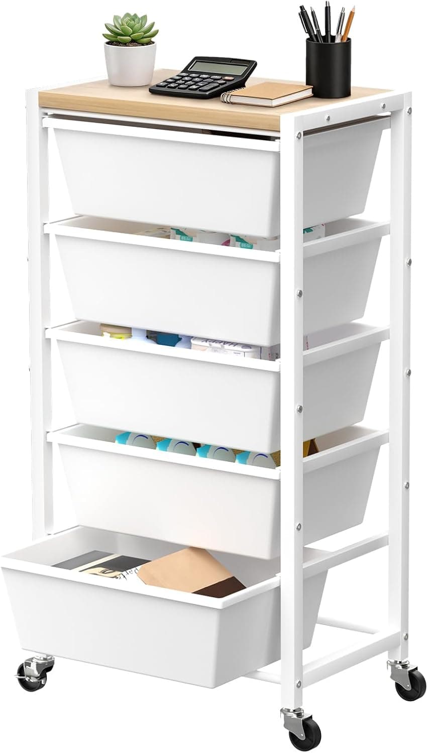 Rolling Cart with 5 Drawers, Plastic Drawer Storage Carts with Wheels & Wooden Tabletop, Metal Utility Cart for Office Bedroom Living Room Classroom, Craft Organization and Storage, Bright White - image 1