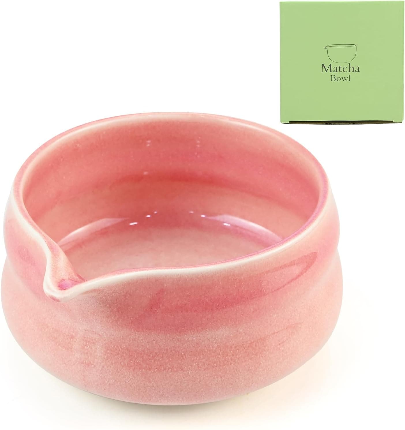 Matcha Ceramic Bowl with Spout, Japanese Matcha Tea Mixing Bowl with Gift Box, Handmade Watercolour, Tea Bowl for Tea Ceremonies and Matcha Preparation for Office, Tea Room, Pink