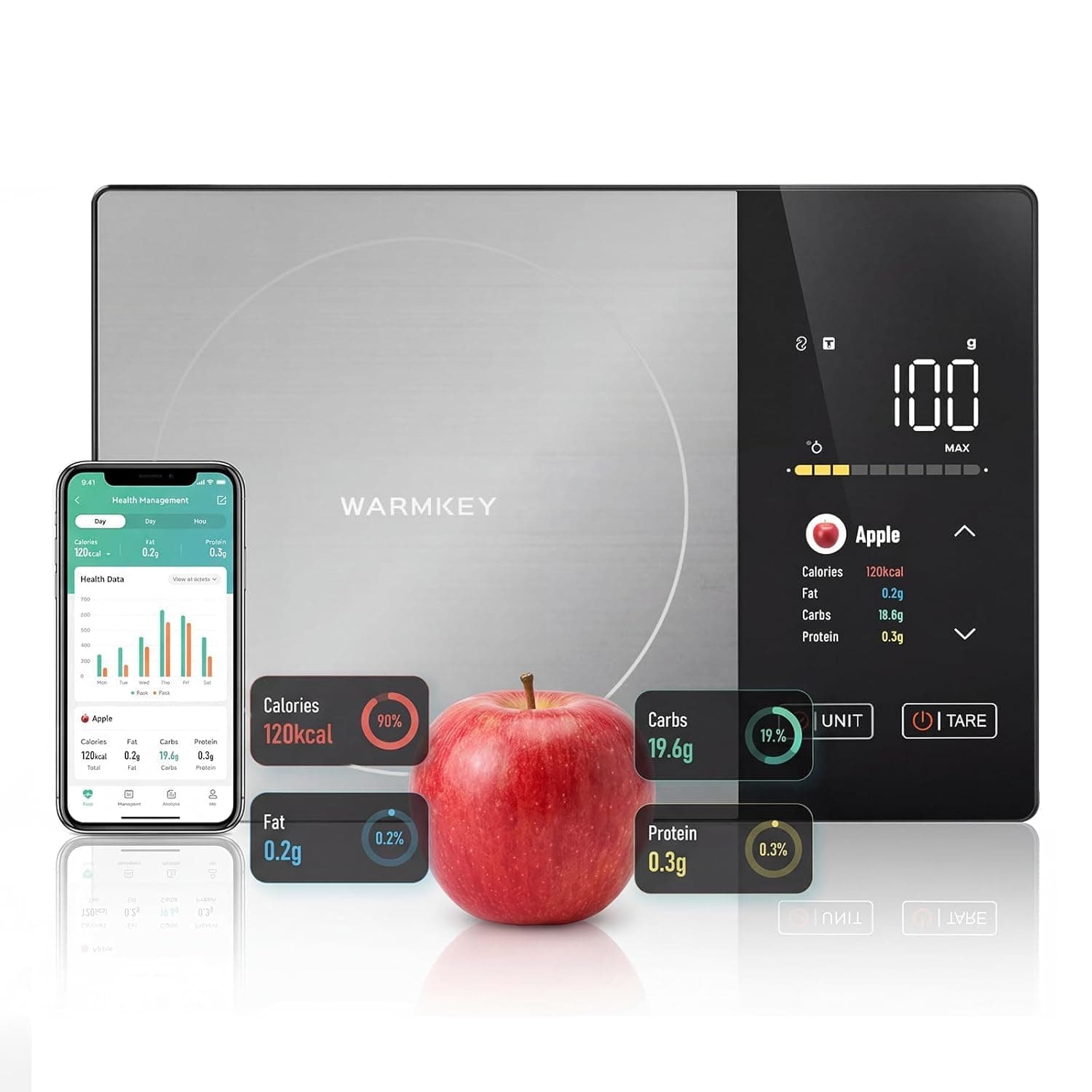 TFT Dual Display Smart Nutrition Scale with App, Tracks Calories, Fat, Carbs & Protein, 1g Precision, 5kg/11lb, 50 Foods 24 Nutrients, for Meal Prep, Keto & Healthy Diet