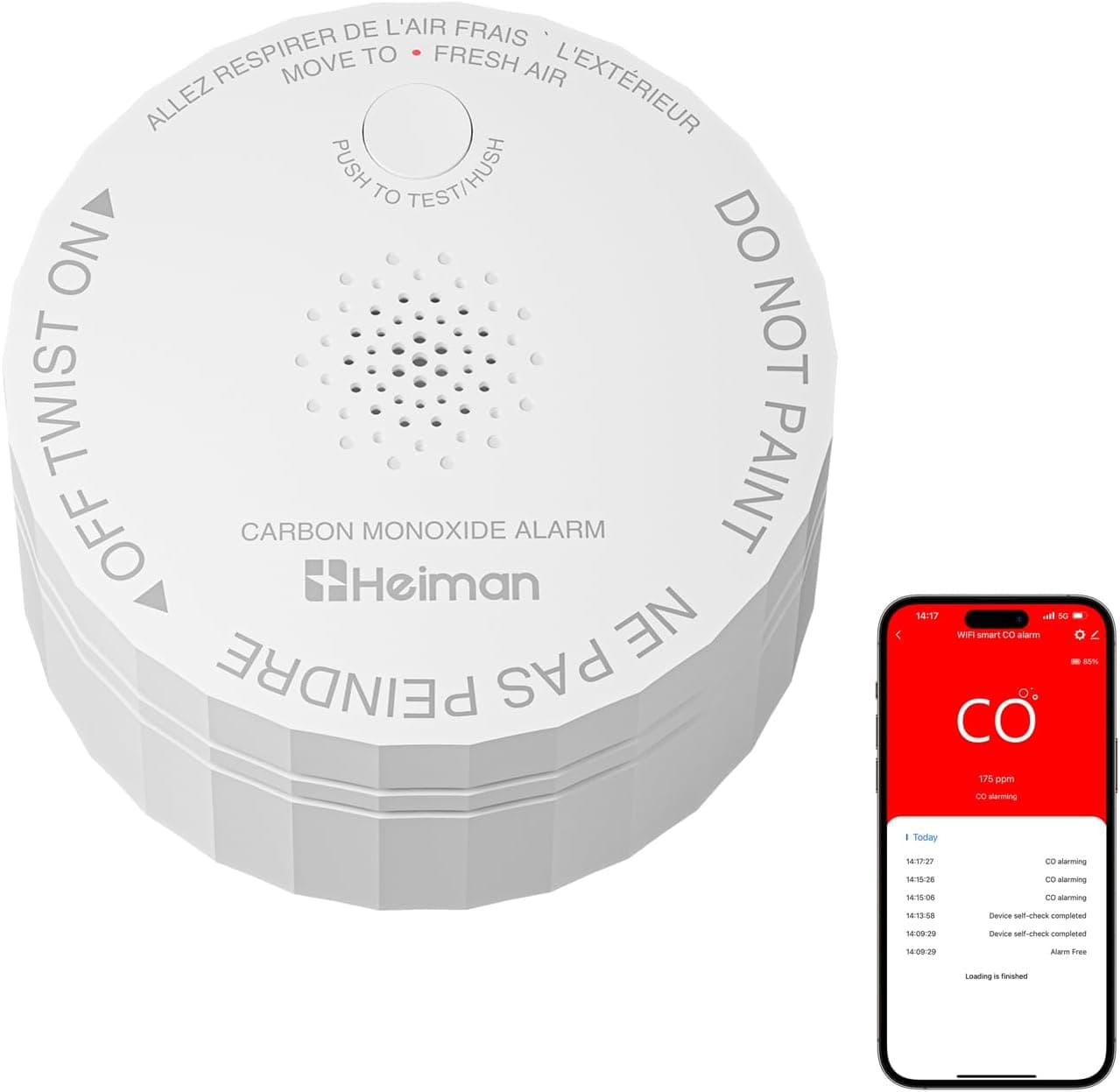 Heiman Smart Carbon Monoxide Detectors, Real-Time Notifications, 2.4 GHz Wi-Fi, UL 2034 5th Certified, CO Detector Battery Powered, 85 dB Alarm, Small CO Alarm for Home Hotel Rental Apartment/C1-W