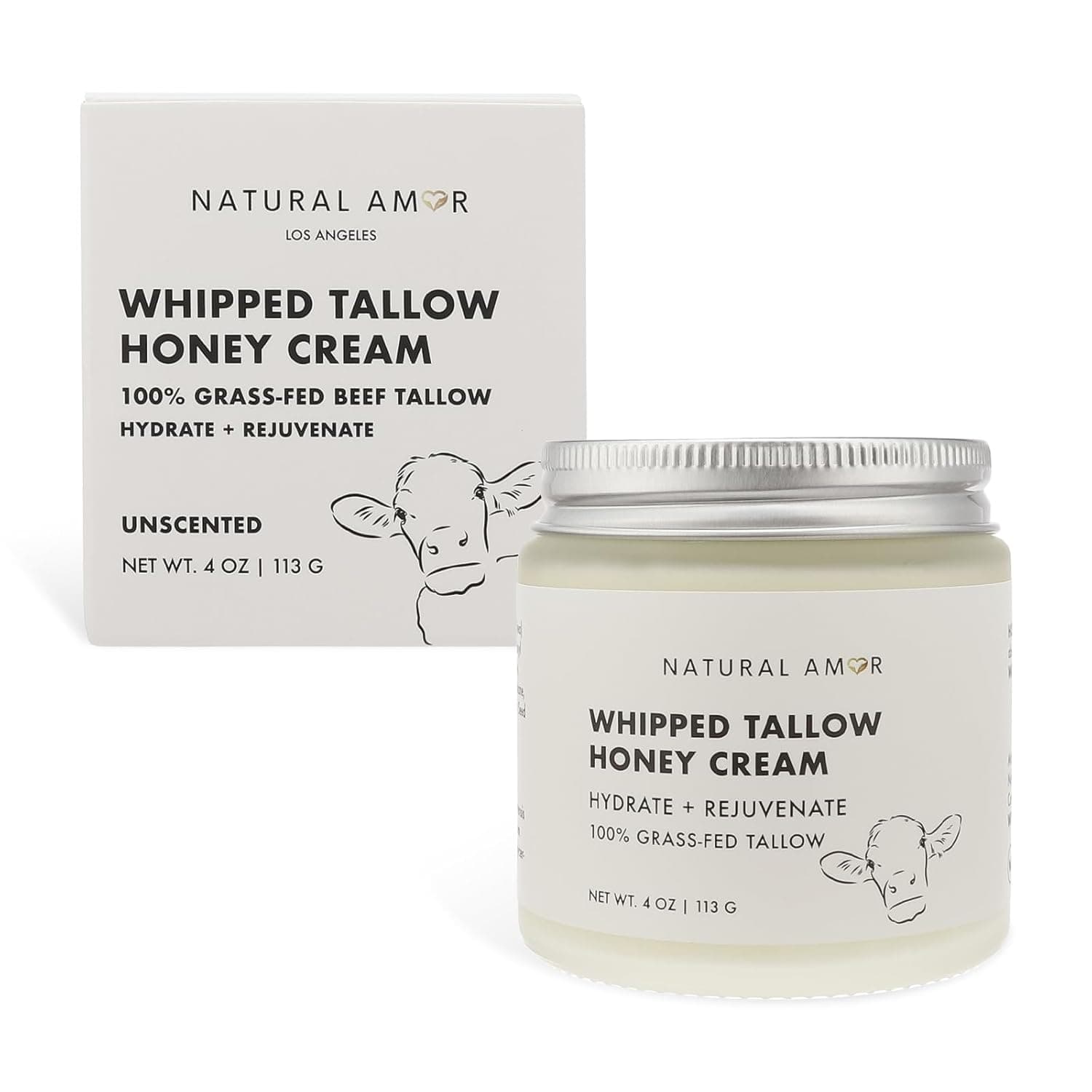 Natural Amor Whipped Grass Fed Tallow Honey Cream – 4oz Natural Moisturizer with Shea Butter, Manuka Honey & Jojoba – Lightweight Body Cream for Dry, Sensitive Skin – Nourishing & Non-Greasy