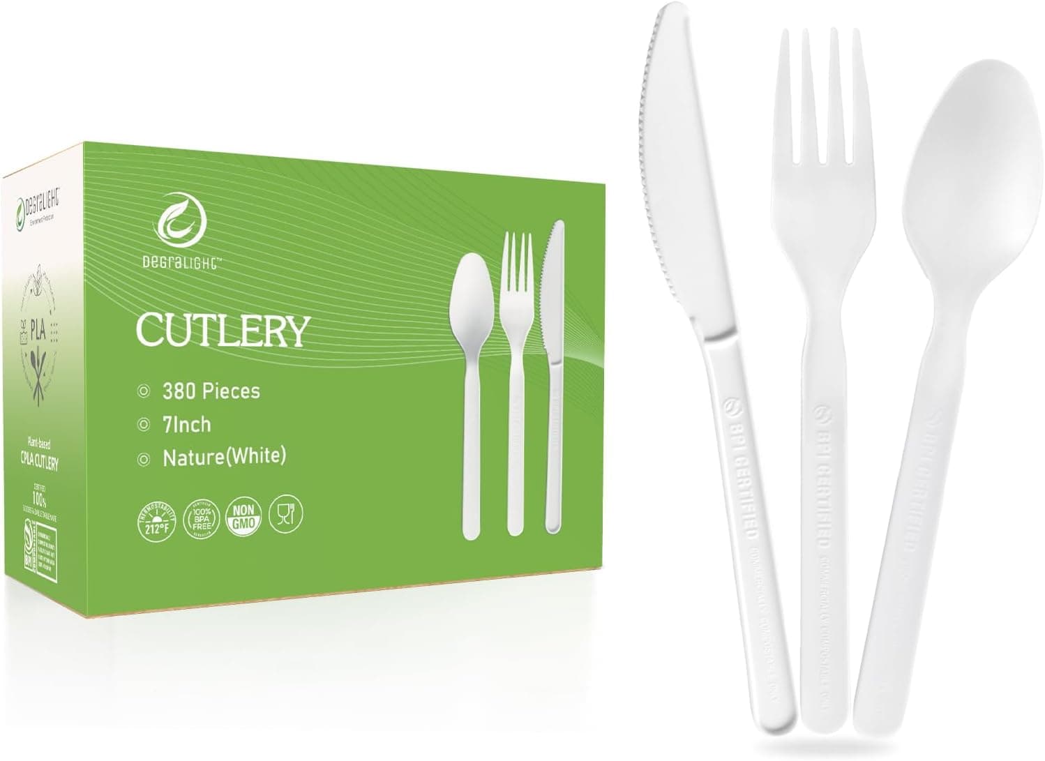 Disposable Cutlery Set [380 Pcs] BPI Certified Utensils Set with 140 Compostable Forks, 120 CPLA Spoons and 120 Disposable Knives, Eco-Friendly Compostable Cutlery for Outdoor, Party, Camping & Daily