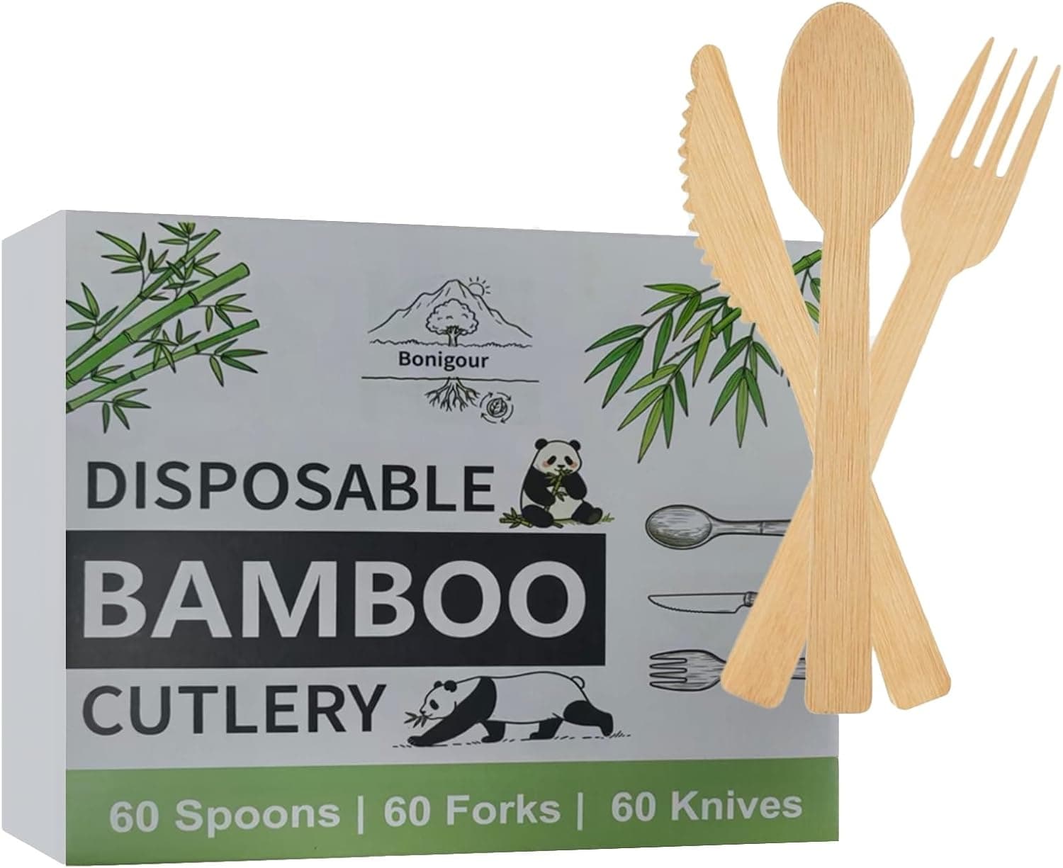 Bamboo Cutlery Set | Compostable Utensils for Eating | 180 Pieces Bamboo Disposable Utensil [60 Forks, 60 Spoons, 60 Knives ] | Biodegradable Utensils for Parties (180)