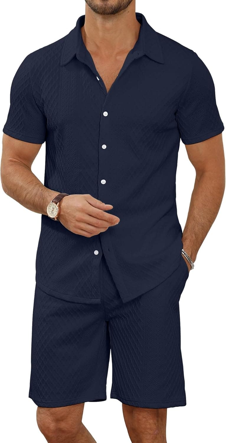 MLANM Men's 2 Piece Outfit Summer Short Sleeve Button Down Shirts and Shorts Sets with Pockets - image 1