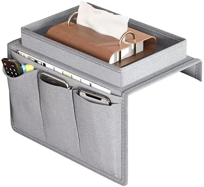 Sofa Armrest Organizer,TV Remote Holder Sofa Organizer with Top Tray for Couch Recliner Home Accessories Bedside Storage Pockets Bag (Grey)