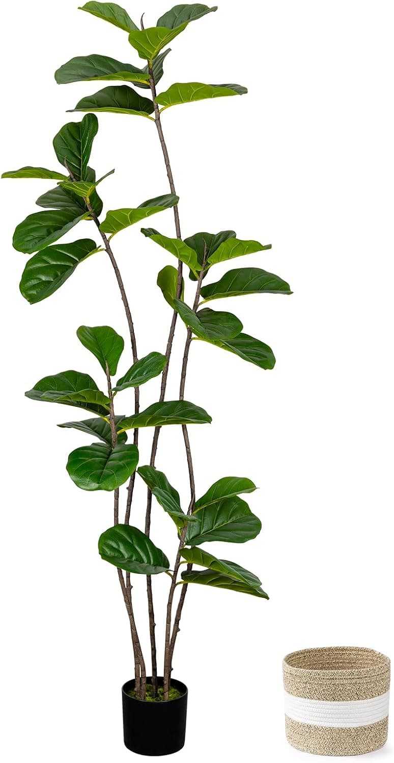Artificial Fiddle Leaf Fig Tree - 6FT Faux Large Trees with Cotton Basket, Fake Plants Tall Fake Tree with 5 Sturdy Trunks, Indoor Artificial Plant Ficus Lifelike for Home Decor Office