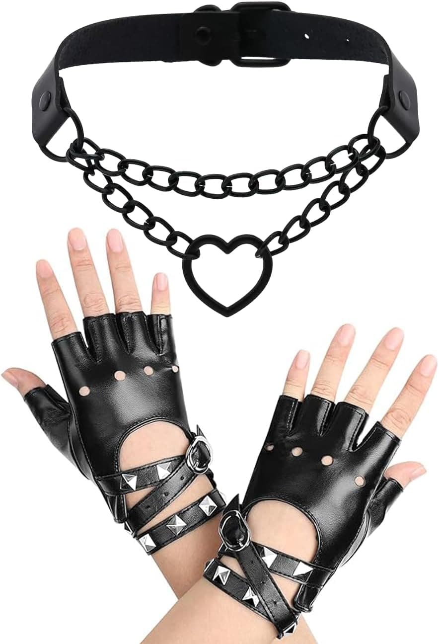 2 Pcs Leather Fingerless Gloves with Heart Choker Necklace Punk Gloves Goth Cosplay Costume - image 1