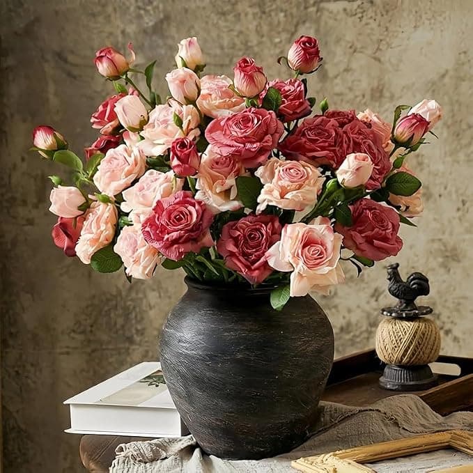 10Pcs Artificial Roses Flowers for Vase -22",Bulk Vintage Faux Silk Burnt Edge Rose Long Stems for DIY Bouquets Wedding Centerpieces Home Decor (No Vase) - image 1