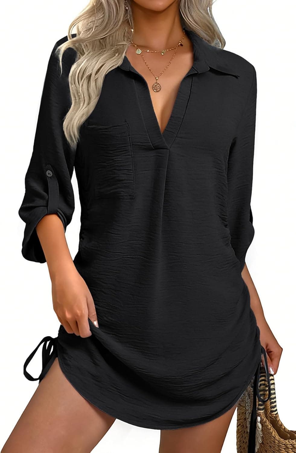 Women Swimsuit Coverup Bathing Suit Cover Ups for Swimwear Swim Summer Bikini Beachwear Drawstring Beach Dress Shirt - image 1