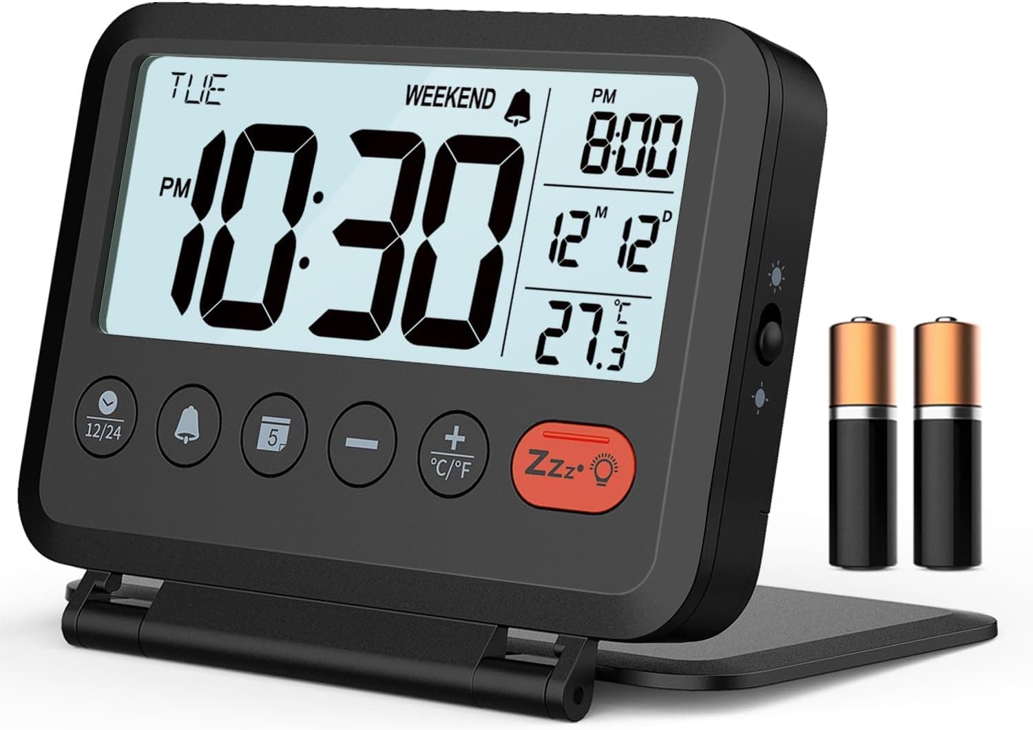 Digital Travel Alarm Clock, Black, 3.54 inch LCD Display, 9-Minute Snooze, 2 Volume Levels, Backlight, Battery Included - image 1