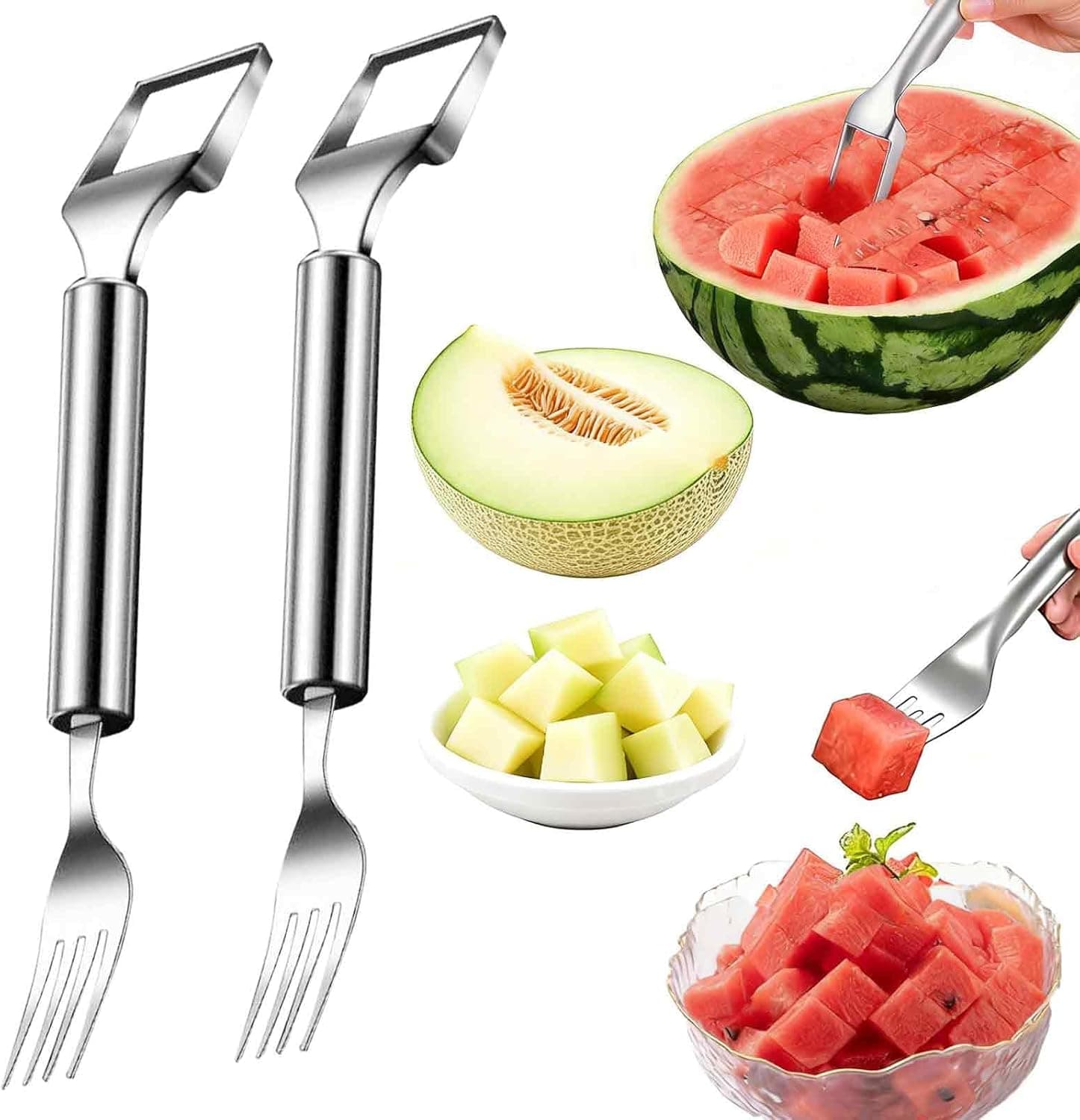 2 Pack Watermelon Cutter Fork 2-in-1,Stainless Steel Watermelon Fork,Dual Head Fruit Slicer Tool for Watermelon, Summer Fruit Cutting Kitchen Gadget for Home Camping, Picnics