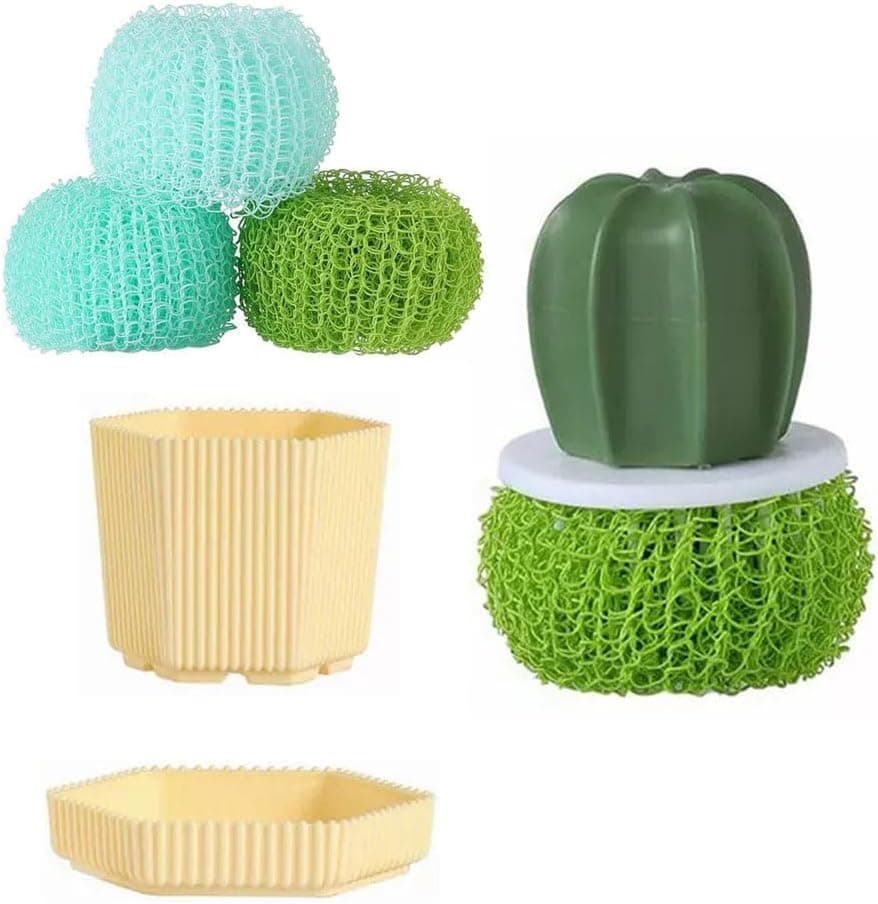 Dish Scrub Brush with 3 Replacement Cleaning Brush Head, Comfortable Grip Brush Dish Scrubber with Flowerpot Shape Draining Holder, Kitchen Cleaning Scrub Brushes for Scrubbing & Washing Dishes - image 1