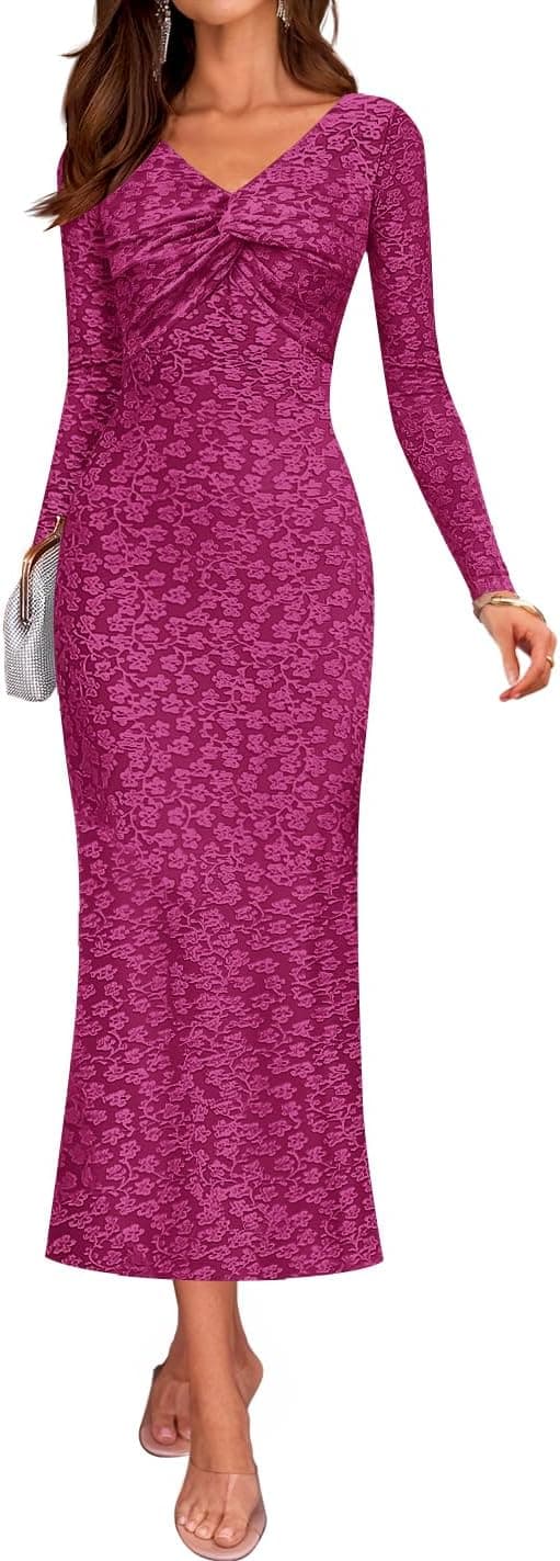 ZESICA Women's Fall Floral Long Sleeve Bodycon Dress 2026 Elegant V Neck Cocktail Party Long Midi Dresses