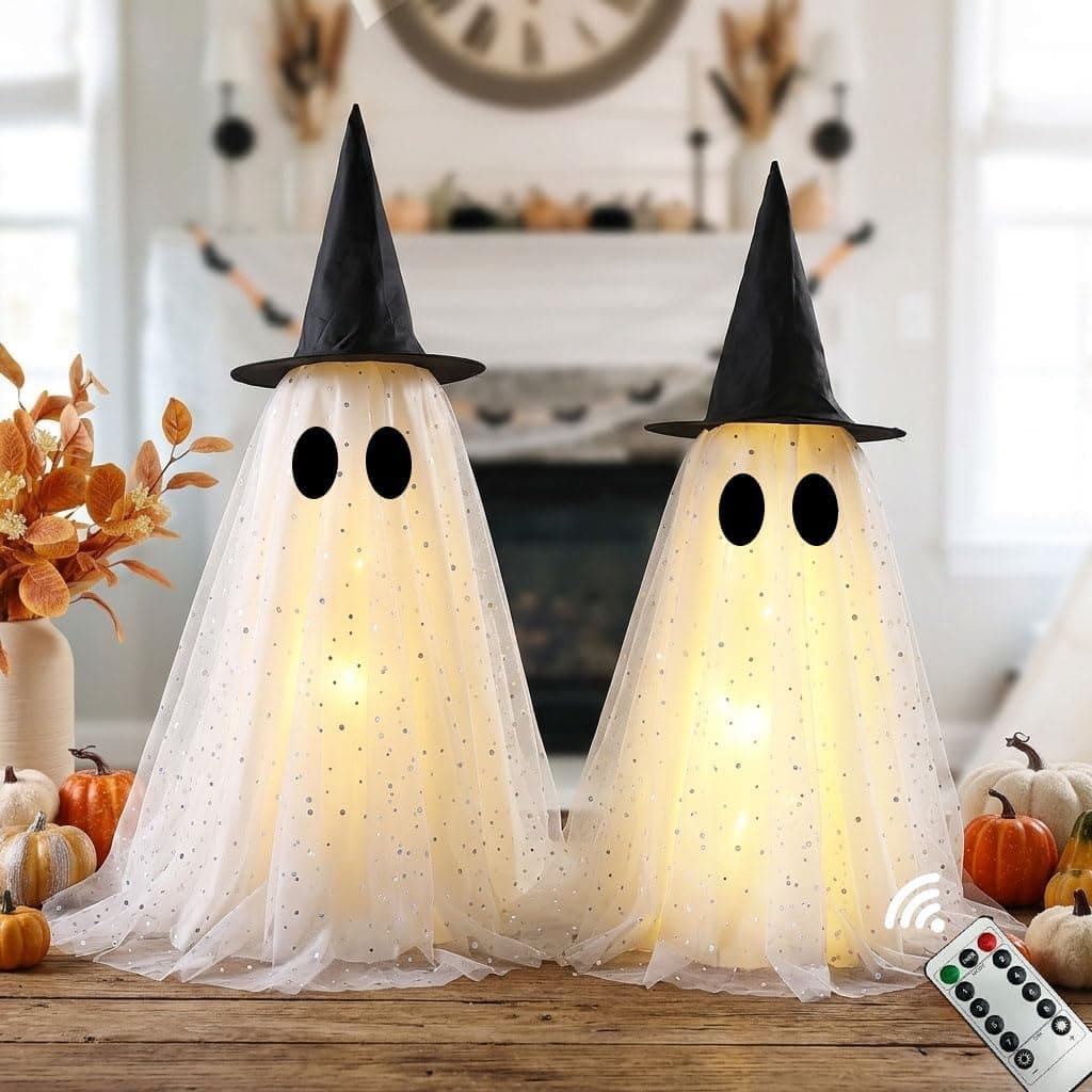 KIWDY Light-Up Ghost Decorations Kit - Spooky Halloween Indoor Display with Remote Timer