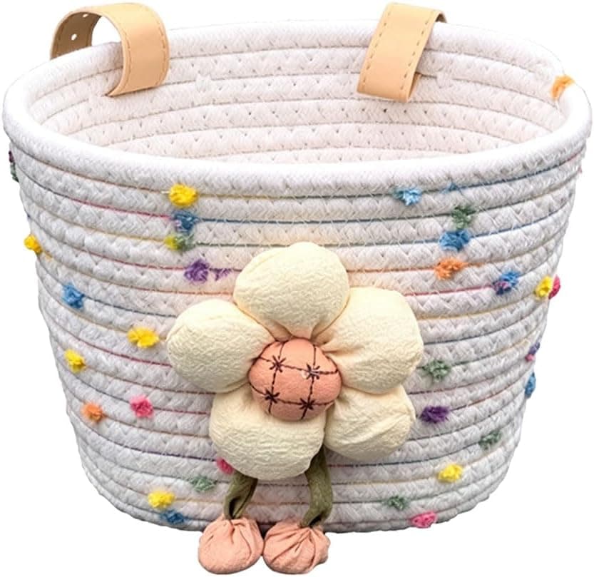 Kids Bike Basket, Cotton Rope Woven Front Bike Basket Kids with 2 Leather Straps, 3D Flowers, Removable, Cute and Fun Kids' Bike Accessories for Most Bicycles, Scooters, Balance Bikes
