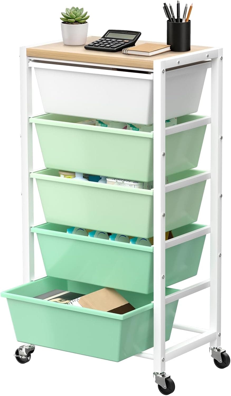 Rolling Cart with 5 Drawers, Plastic Drawer Storage Carts with Wheels & Wooden Tabletop, Metal Utility Cart for Office Bedroom Living Room Classroom, Craft Organization and Storage, Bright Green