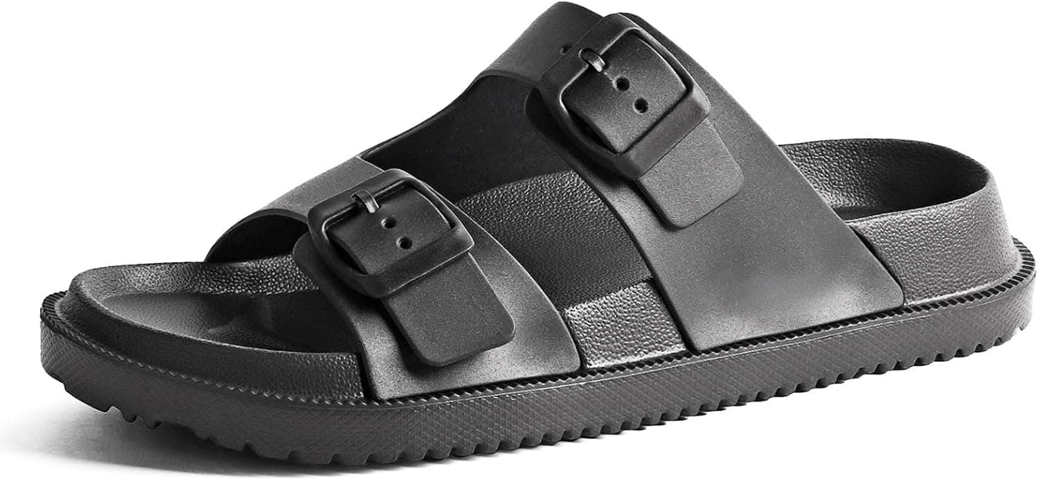 Slides for Women and Men, Double Buckle Rubber Sandals with Arch Support, Pillow Slides Thick Cushion Non Slip Shower Shoes Comfort Beach Sandals