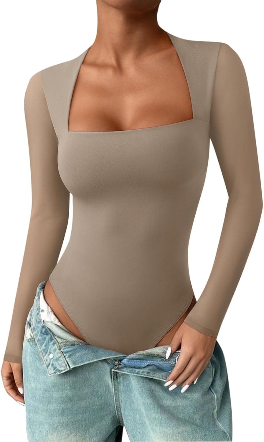 PINKMSTYLE Womens Square Neck Mesh Long Sleeve Bodysuit Going Out Tops Date Night Outfit 2025 - image 1