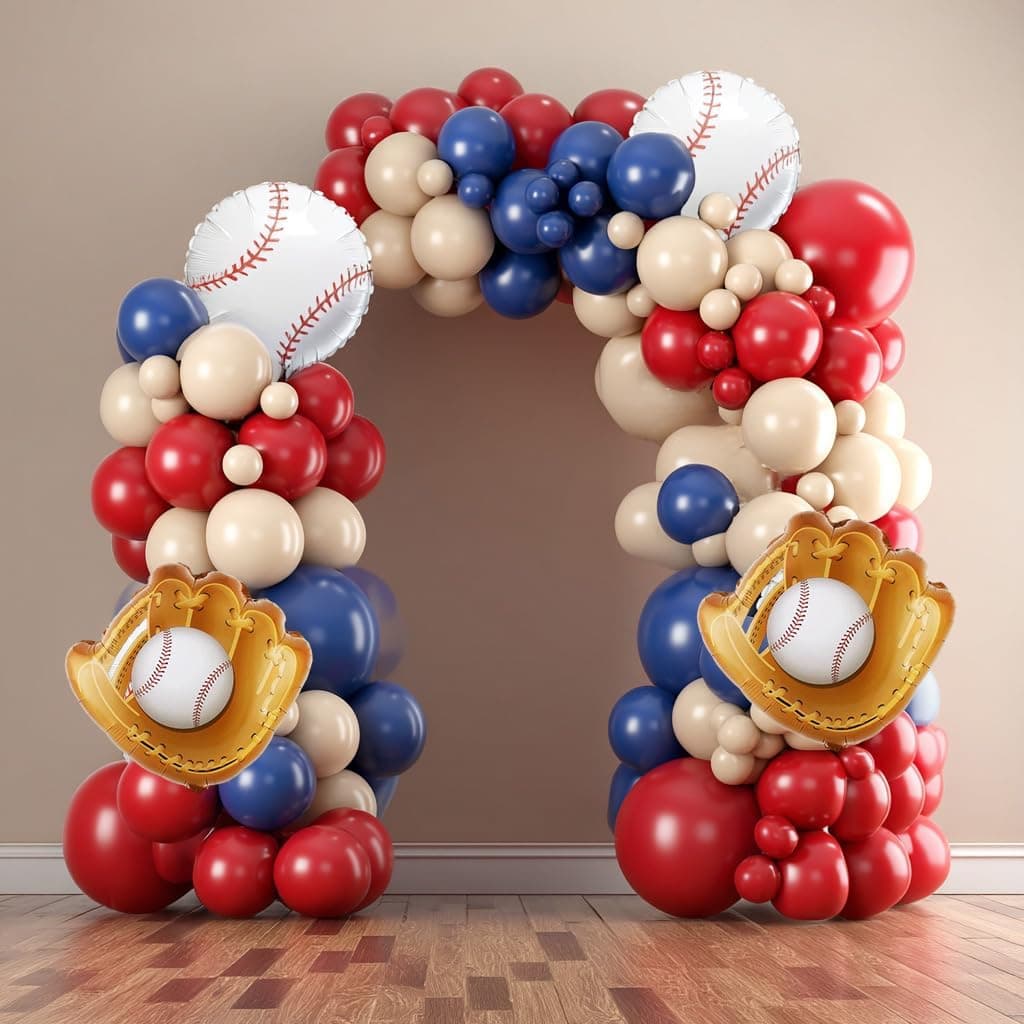 Baseball Balloon Garland Arch Kit, Navy Blue Red Nude Balloon Arch with Baseball Glove Foil Balloons for Sports Theme Birthday Party Decorations