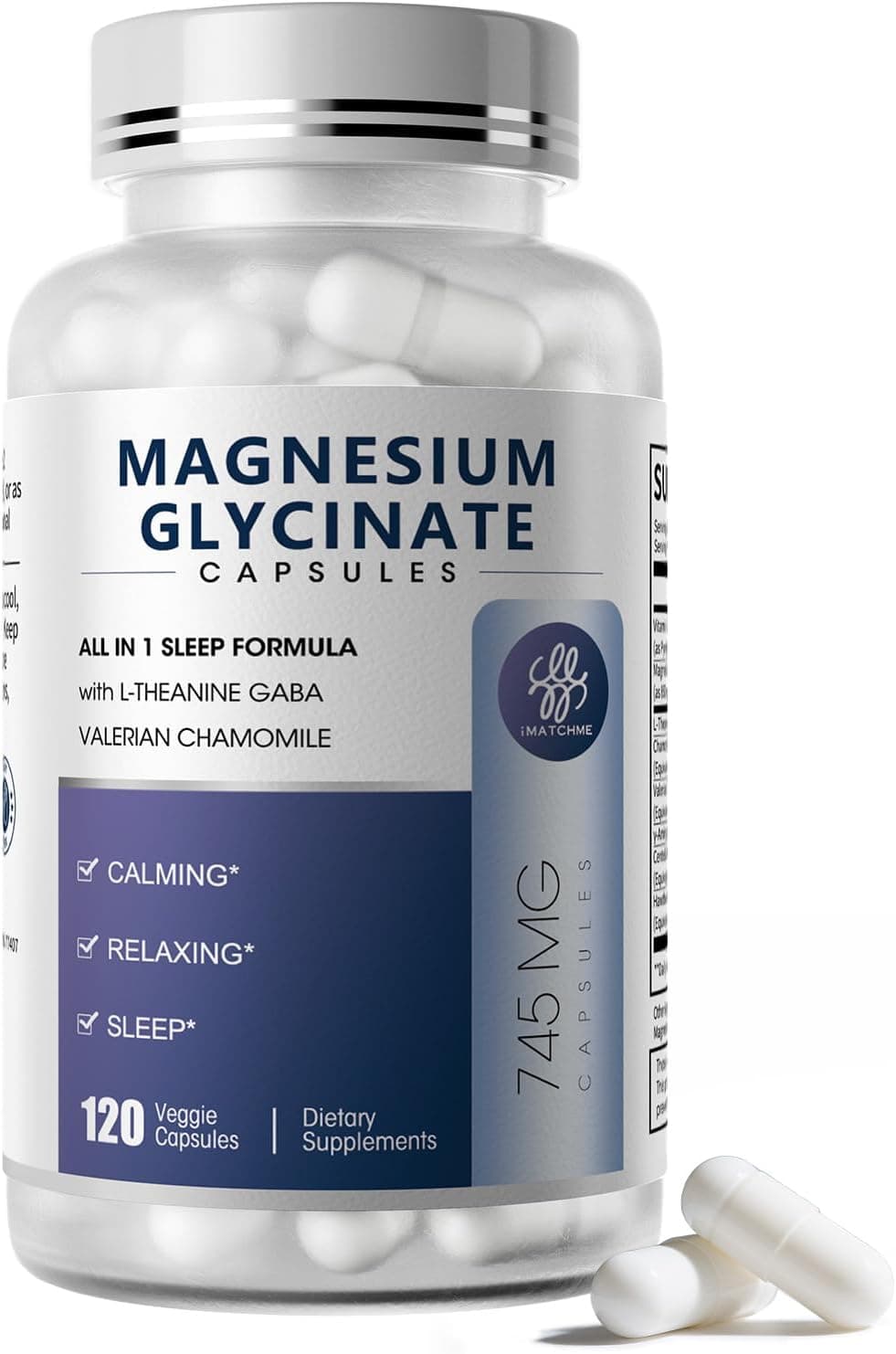iMATCHME Magnesium Glycinate 850mg Capsules with L-Theanine, Chamomile & GABA for Sleep, Calmness, Muscle, Bone Health & Immune Support, Magnesium for Women and Men, Vegan, High-Absorption, 120 Count