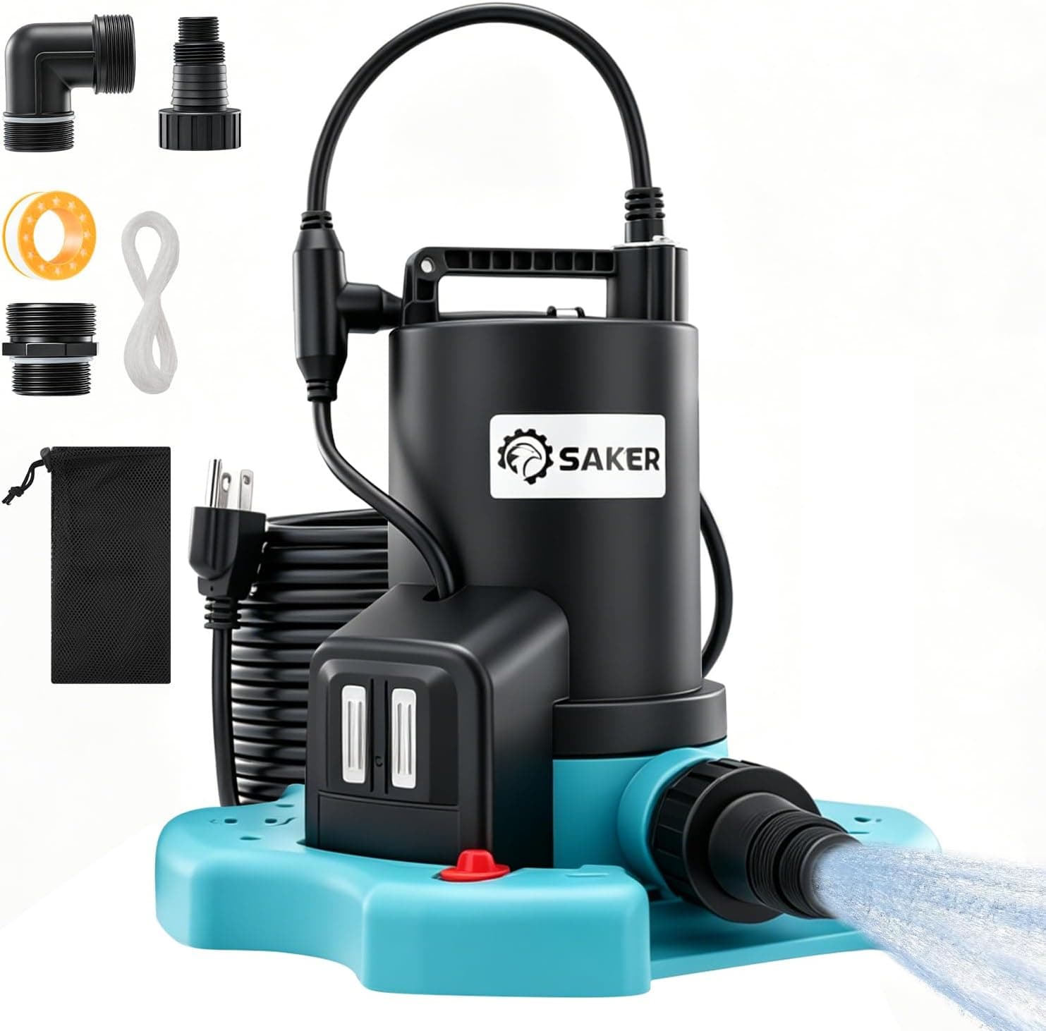 Saker 1/4 HP Pool Cover Pump,Automatic On/Off,2377 GPH Submersible Water Pump,3/4" Check Valve Adapter & 25ft Power Cord & Filter Net,Water Removal for Swimming Pool Covers, Hot Tubs, Rooftops