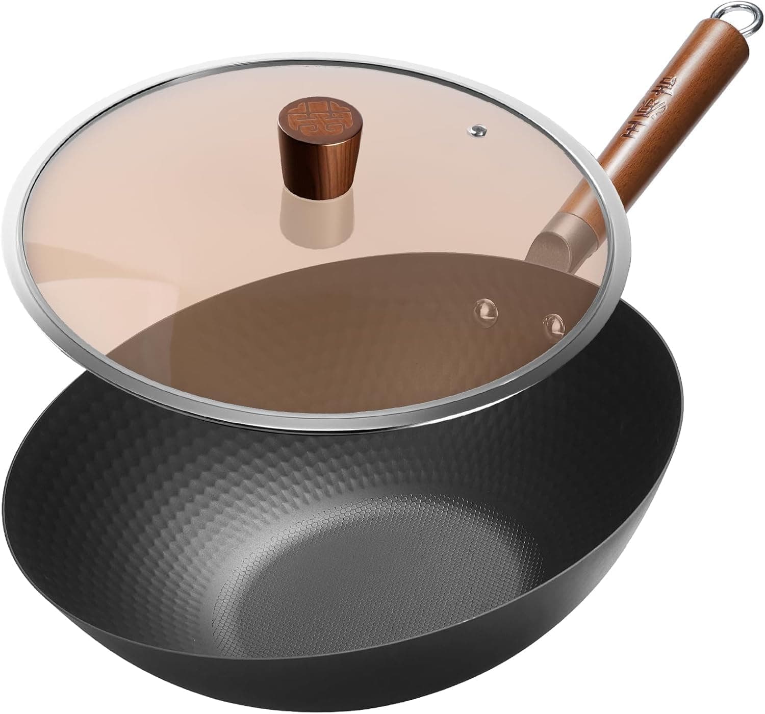 WANGYUANJI Lightweight Carbon Steel Wok Pan with Lid, 12.6" Flat Bottom Stir Fry Wok for Induction, Electric & Gas Stoves, 2.9 lb Wok Body, Pre-Seasoned Nitrided Wok, No Chemical Coating