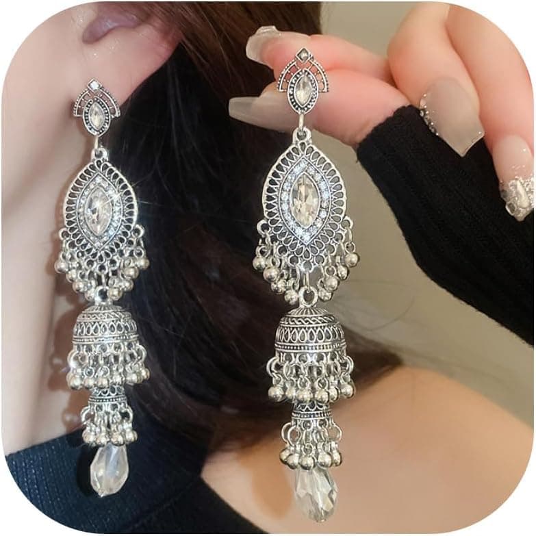 Gold Indian Earrings Women Boho Ball Chandelier Tassel Statement Dangle Earrings Wedding Bridal Bell Jewelry Ethnic Indian Suits Dresses Outfits
