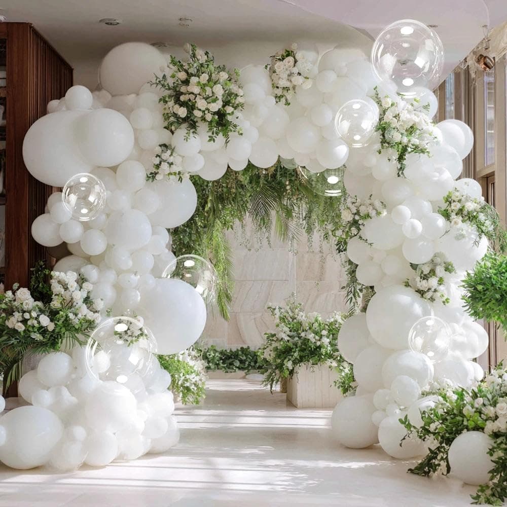White Balloon Arch Kit, Double Stuffed Matte White Latex Balloons 5/12/18 Inch Different Sizes with Clear Balloons for Birthday Baby Shower Graduation Bridal Wedding Engagement Party Decorations - image 1