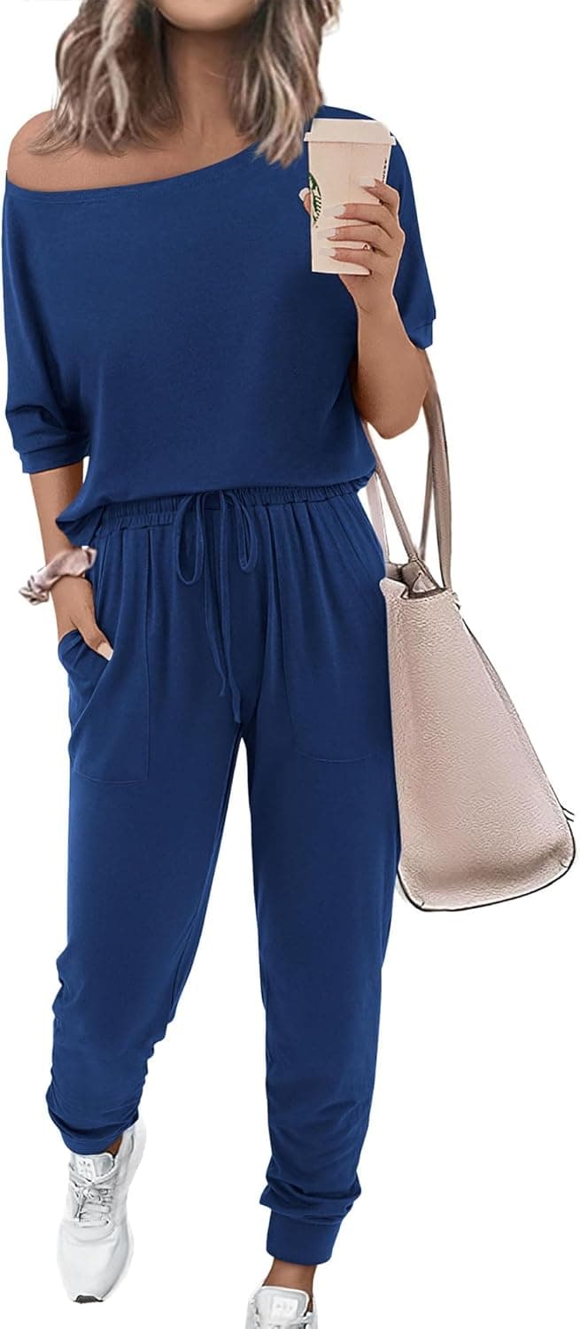 Zenlonr Women Summer 2 Piece Outfits 2026 Off Shoulder Short Sleeve Tops Elastic Waist Drawstring Long Pants Tracksuit - image 1