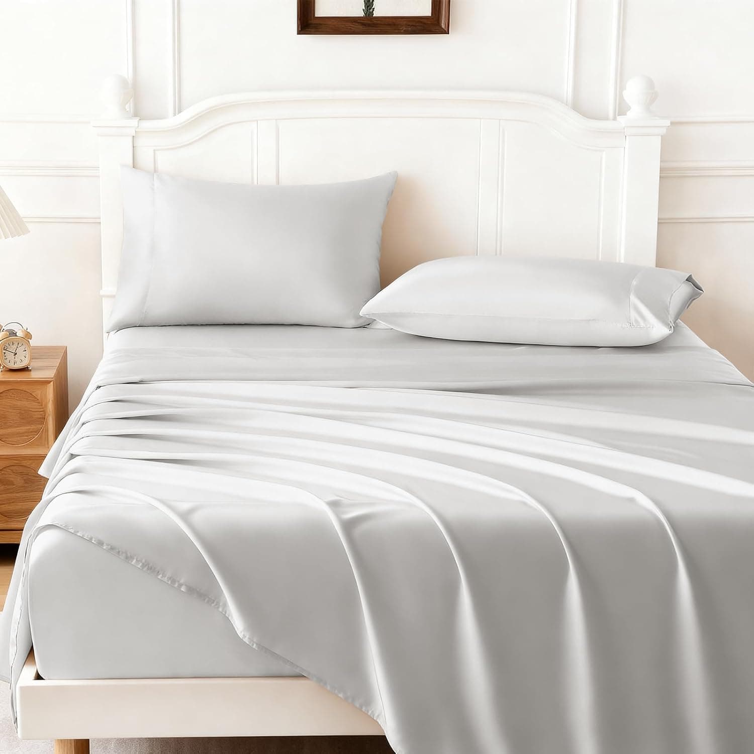Queen Luxury Satin Sheet Set,4 Pieces Ultra Cooling Silky Feel Breathable Bedsheets, 16 Inch Deep Pockets Bed Sheets,Good for Hair & Skin, Light Gray